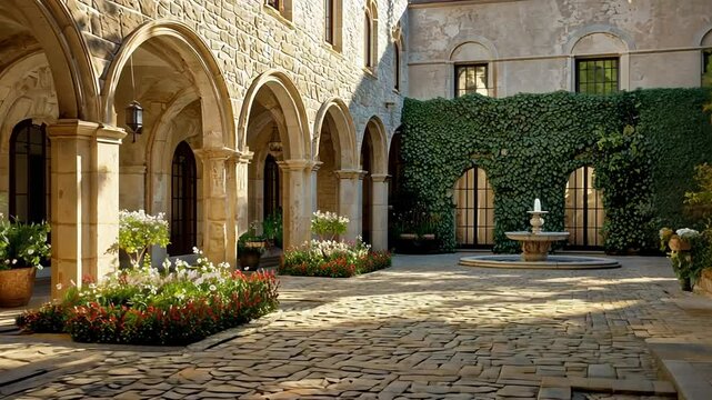 Chateau courtyard with intricate details and vibrant blooms