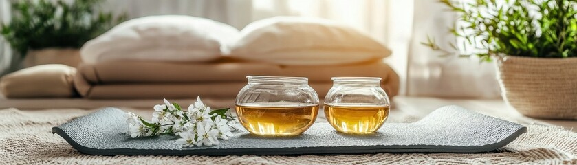 A serene setup featuring two glass jars of aromatic oils, a soft background with pillows, and decorative plants, creating a tranquil atmosphere.