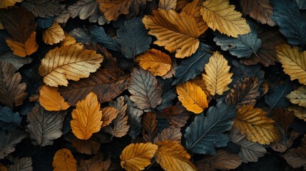 Fototapeta premium A close-up image of fallen leaves showing an autumnal color palette.