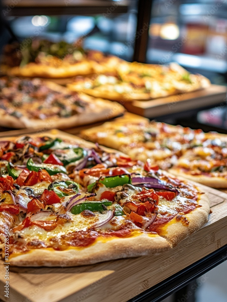 Poster freshly baked large pizza with vibrant toppings displayed in grocery store setting featuring golden 