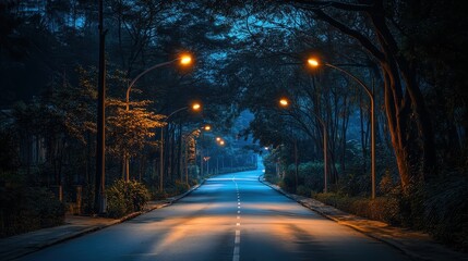 sustainable streetlights glowing along a quiet road lined with trees copy space, focus on innovation realistic, blend mode in an urban environment