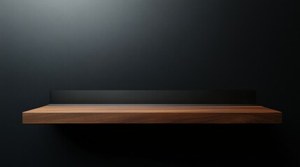 Obraz premium A sleek wooden shelf on a dark wall. Minimalist and contemporary design.