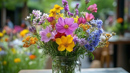 A Colorful Bouquet Of Mixed Flowers In A Glass Jar