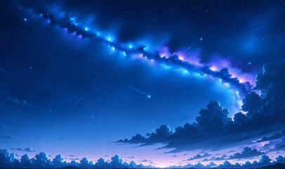 Vibrant aurora lights painting the dark blue night sky, a mystical glow shimmering above waves of fantastical clouds, with shooting stars twinkling, an enchanting fantasy cosmic night landscape