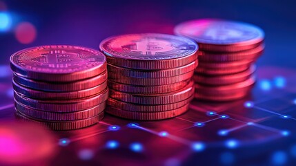 a visual of stacked coins transforming into blockchain nodes copy space, focus on growth vibrant, overlay with a clean, futuristic backdrop