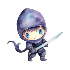 ninja attacking with sword cute watercolors illustration on white background