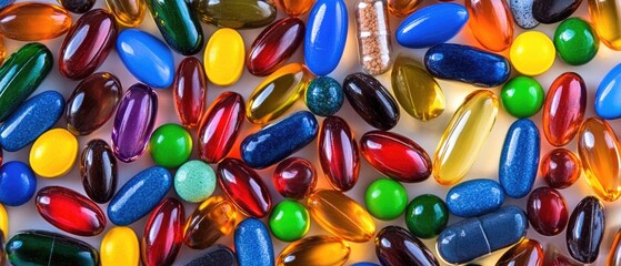 Many colorful pills and softgels arranged on white background, various shapes and shades