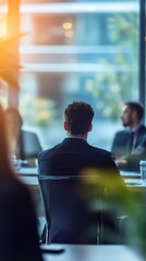 A businessman sits at a conference table looking forward
