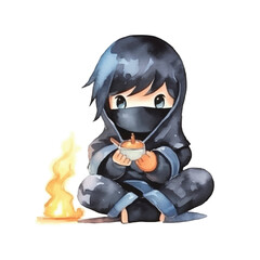 ninja blowing fire cute watercolors illustration on white background