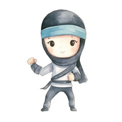 ninja boxing cute watercolors illustration on white background