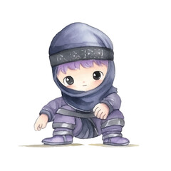 ninja boxing cute watercolors illustration on white background