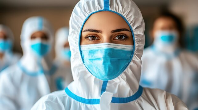 a team of scientists in hazmat suits working on vaccine production close up, focus on precision realistic, overlay in a bright laboratory