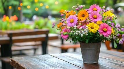Beautiful colorful flowers arranged in a metal bucket on a table