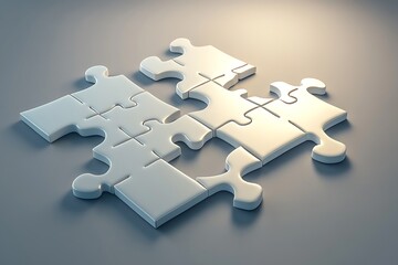 Obraz premium Interlocking White Puzzle Pieces on Gray Background, Top View, Strategic Solution