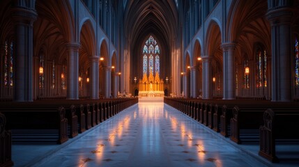 Dreamy empty church interior with softened focus, highlighting intricate stained glass designs.