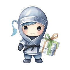 ninja courier delivery cute watercolors illustration on white background