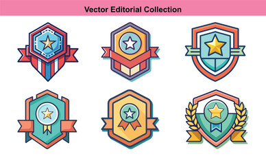Vector Collection of Award Badges and Shields, A vector collection of award badges and shields featuring stars, ribbons, and various designs, perfect for achievement and recognition themes.

