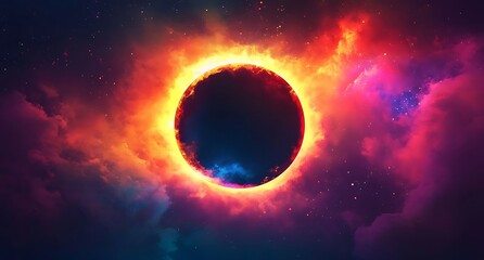 Fototapeta premium Abstract colorful light effects with a black hole sun eclipse in a dark sky. Illustration for banners or posters, featuring glowing elements and 3D rendering on a black background.