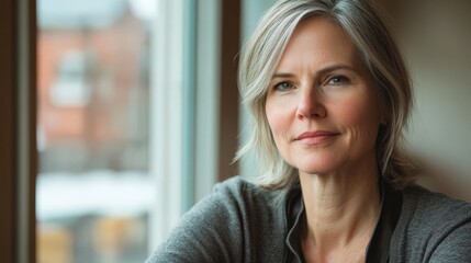Fototapeta premium Woman reflecting on perimenopause in a cozy setting