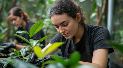 Obraz premium employees volunteering at a wildlife sanctuary for a corporate event close up, focus on giving back realistic, blend mode in a lush natural environment