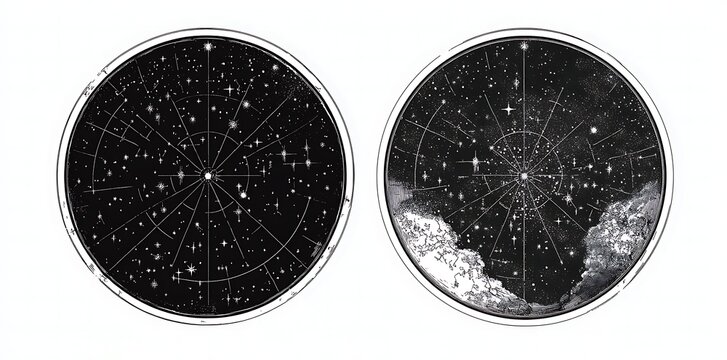 Black and white vintage illustration of two circular star maps with constellations, clip art style, isolated on a clean background.