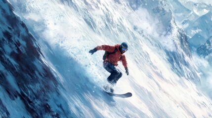 Snowboarder glides down a steep mountain slope in a snowy landscape surrounded by rugged peaks during a sunny winter day