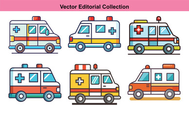 Colorful Vector Ambulance Collection for Medical Services, A vector collection of different ambulance designs, showcasing emergency medical vehicles with distinct color schemes and details.
