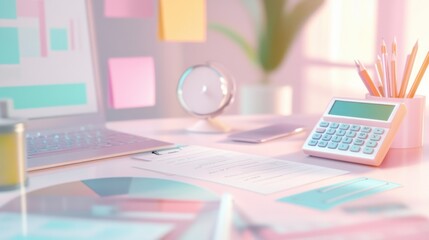 Colorful modern workspace with laptop and office supplies for productivity and organization