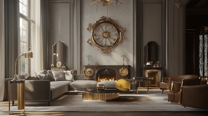 Luxury Living Room Interior with Gold Accents and Modern Fireplace