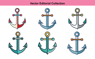 Vector Illustrations of Colorful Nautical Anchors, A collection of vector illustrations featuring various colorful and stylized nautical anchors with different designs and shapes.
