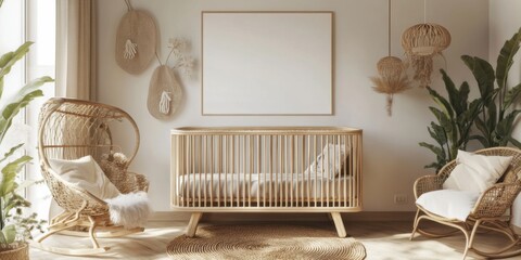 Bright and cozy nursery with natural decor and bohemian furnishings for a calming atmosphere