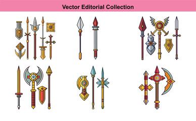 Vector Illustrations of Decorative Spears and Weapons, A collection of vector illustrations featuring various decorative spears, axes, and weapons with intricate designs and vibrant details.
