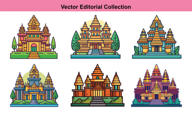 Naklejka premium Vector Illustrations of Colorful Traditional Temple Buildings, A vibrant collection of vector illustrations showcasing traditional temple buildings with intricate designs and multiple architectural st