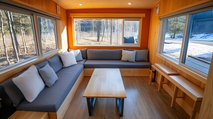 Naklejka premium Cozy living room with large sectional sofa and forest view