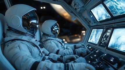 Two astronauts in white spacesuits sit inside a high-tech spaceship, illuminated by LED lights and TV screens, showcasing advanced space exploration. Hyper-realistic cinematic scene.
