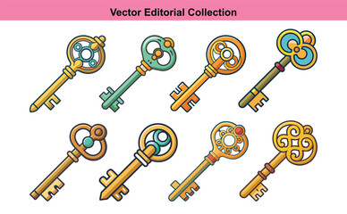 Vector Illustrations of Decorative Vintage Keys, A collection of vector illustrations showcasing decorative vintage keys in various intricate designs and colors.
