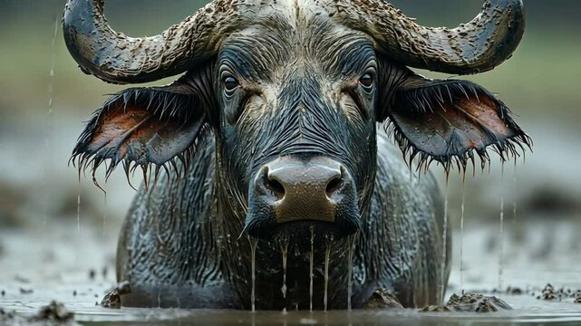 Majestic Cape Buffalo: A close-up view captures the formidable presence of a Cape buffalo, its massive horns and determined gaze conveying its untamed strength, as it wallows contentedly in the mud.