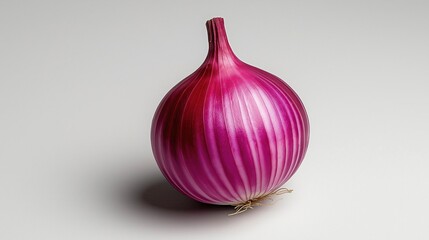 Fototapeta premium Photograph of a single red onion. the onion is in the center of the image and is the only object in the frame. it is a round, bulbous vegetable with a pointed top and a narrow neck.