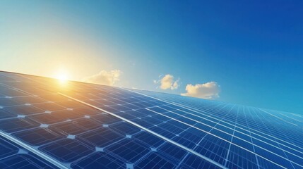 Solar panels capture sunlight at sunrise, efficiently generating renewable energy in a clear blue sky