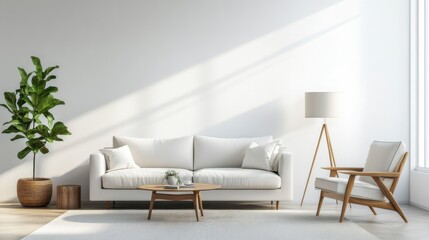 Bright living room with minimalistic decor featuring a stylish sofa, a wooden chair, a coffee table, and a potted plant in soft sunlight