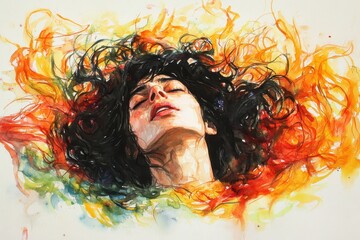 Fototapeta premium Fiery Hair Woman Watercolor Portrait with Abstract Art. (1)