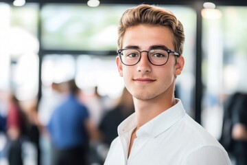 Young man with glasses smiles confidently in a busy indoor setting with people around
