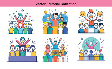 Vector illustration collection of people celebrating, A set of six colorful vector illustrations featuring people celebrating, cheering, and engaging in joyful activities, perfect for event and festiv