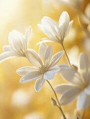 Naklejka premium White flowers bloom gently amid a soft golden light, creating a serene atmosphere in a natural setting
