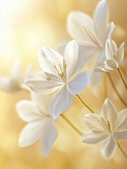Delicate white flowers basking in soft golden light during springtime bloom in a serene garden