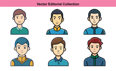Vector illustration collection of male avatars, A set of six colorful vector illustrations of male avatars with different hairstyles and outfits, perfect for profiles, characters, and user representat