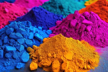 Colorful powdered pigments displayed in vibrant piles at an artisan market during a sunny afternoon