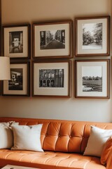 Elegant living room design with framed black and white artwork and a cozy leather couch in a contemporary interior setting