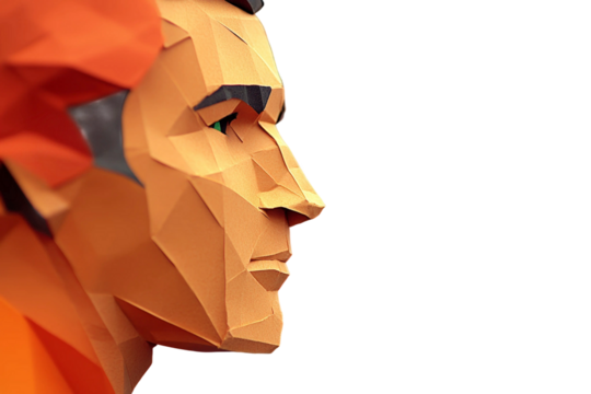Detailed geometric portrait of a stylized human head with sharp angles and vivid colors set against a black background showcasing creativity and modern design
