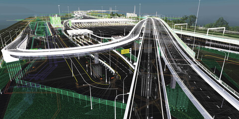 BIM model of the object of transport infrastructure of urban area of wireframe view